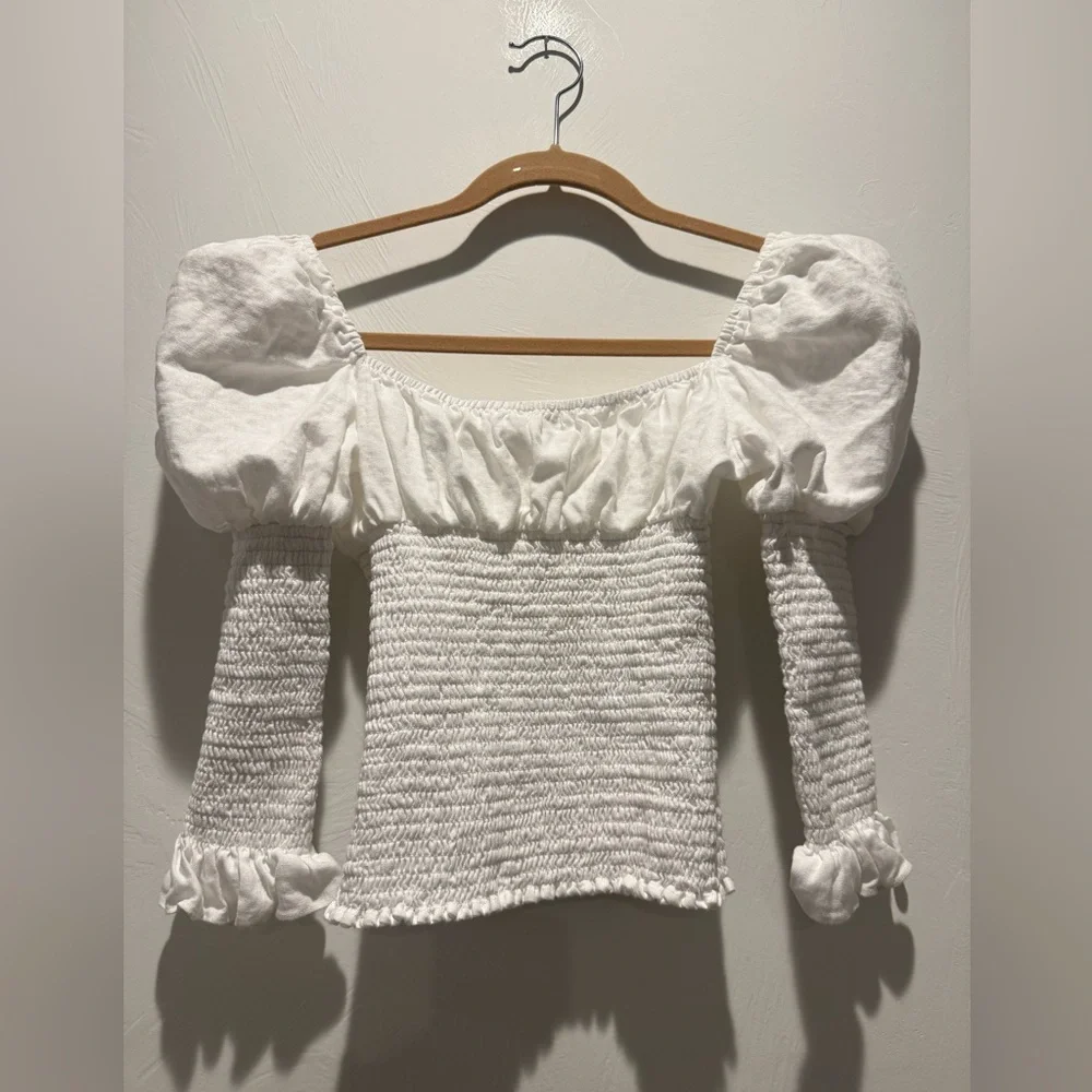 Reformation - Haven Top - 100% Linen - White Puff Sleeve Blouse
